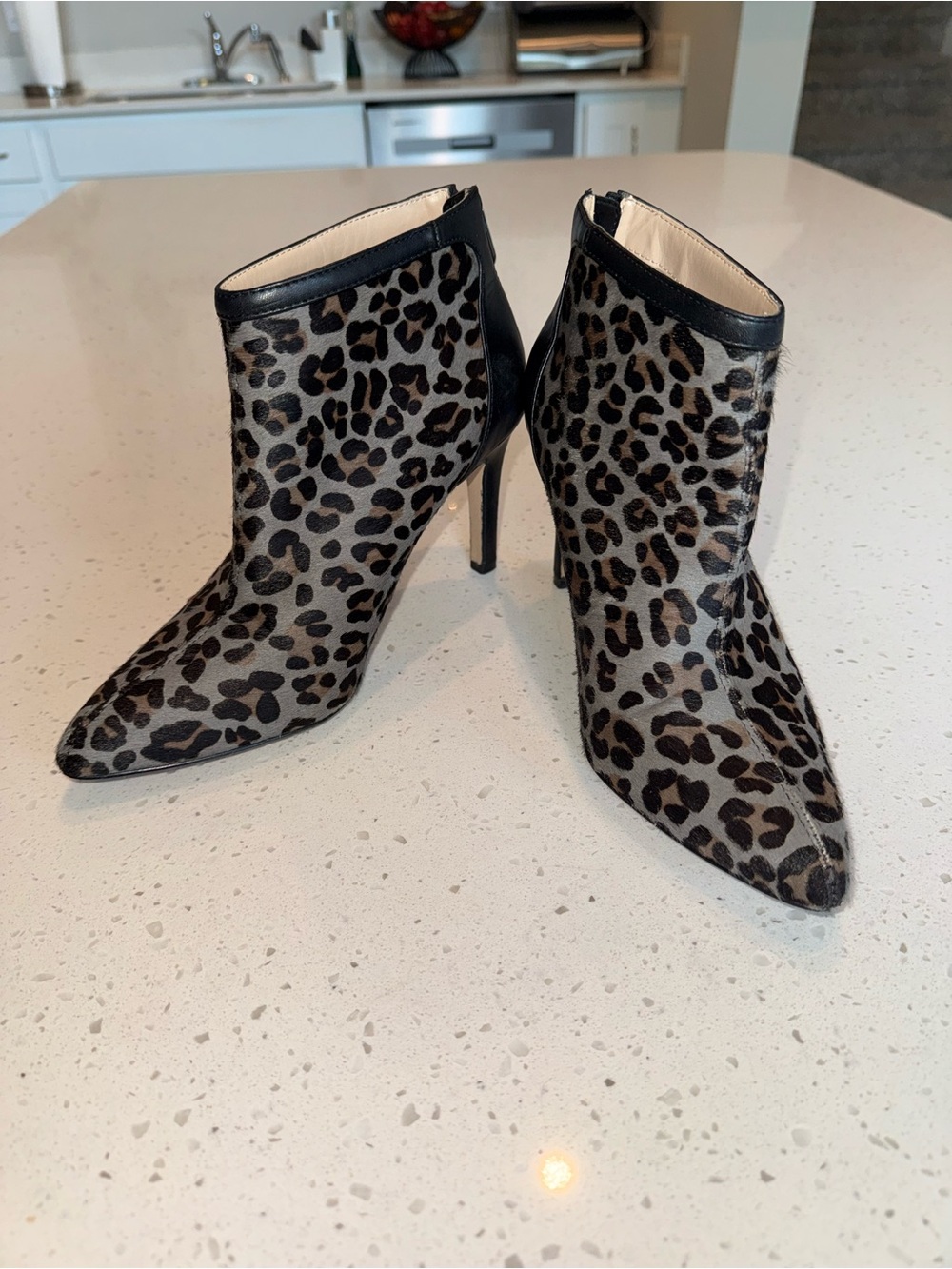 Adrienne Vittadini Leopard Print Pointed Ankle Booties - Black/Tan